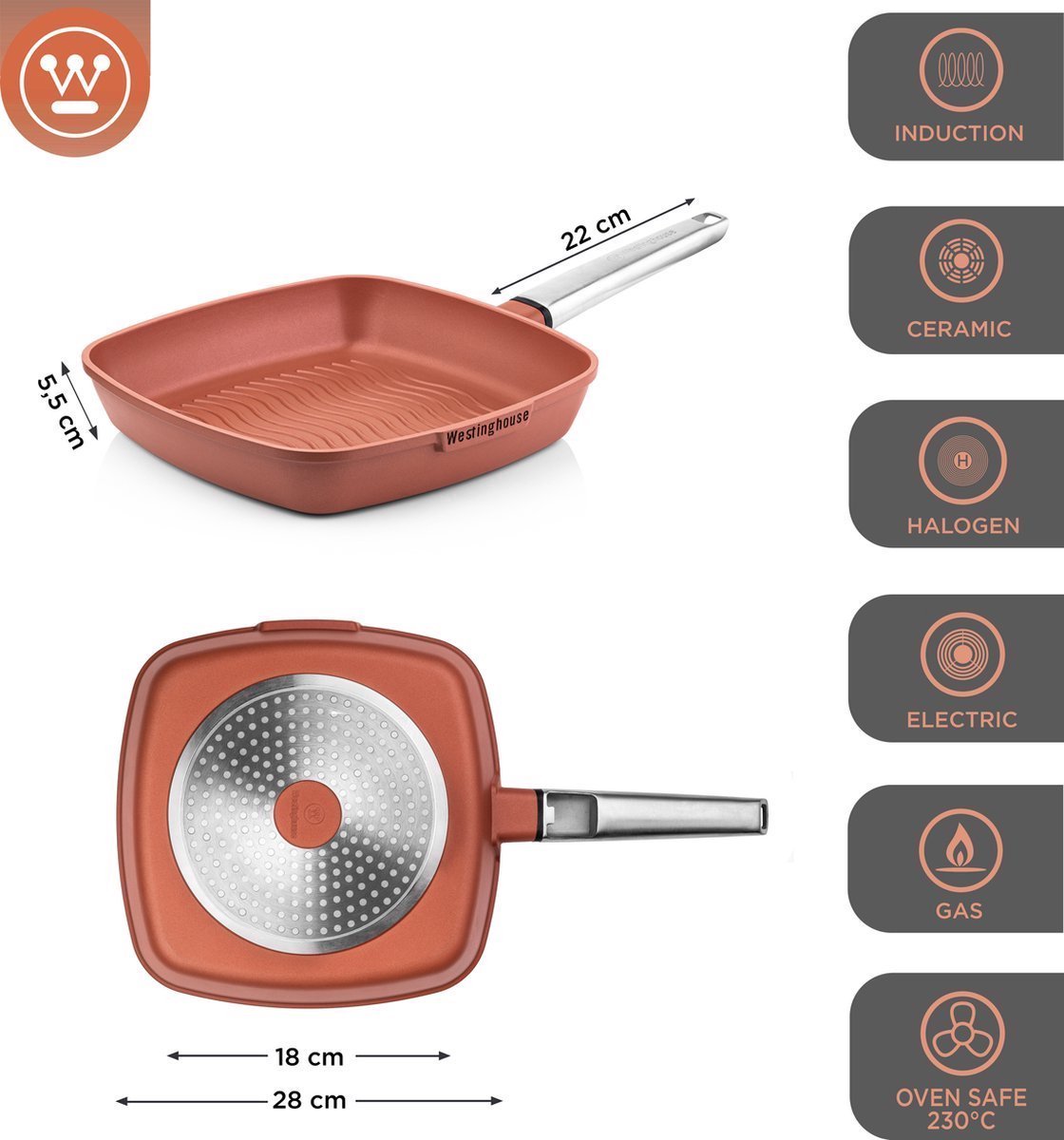 Westinghouse Performance 9-delige Pannenset – Koekenpannen + Braadpannen + Hapjespannen + Wokpan + Grillpan + Steelpan – PFOA-vrij – Inductie – Oranje – foto 4