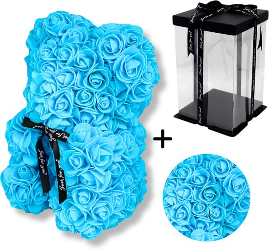 Lirosa Rose Bear - Licht Blauw Rozen beer 25 cm met Giftbox - Bloemen beer - Romantisch Cadeau - Verjaardag - Valentijn - Liefde