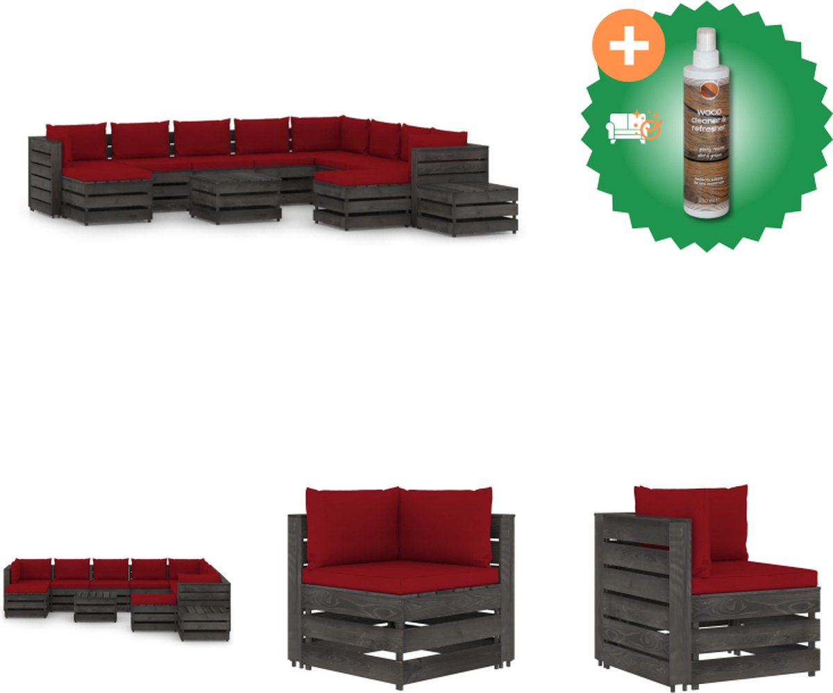 VidaXL Pallet Loungeset Grenenhout Hoekbank 69x70x66cm Middenbank 60x70x66cm Tafel Voetenbank 60x62x37cm Wijnrode Kussens Montage vereist Tuinset Inclusief Houtreiniger en verfrisser