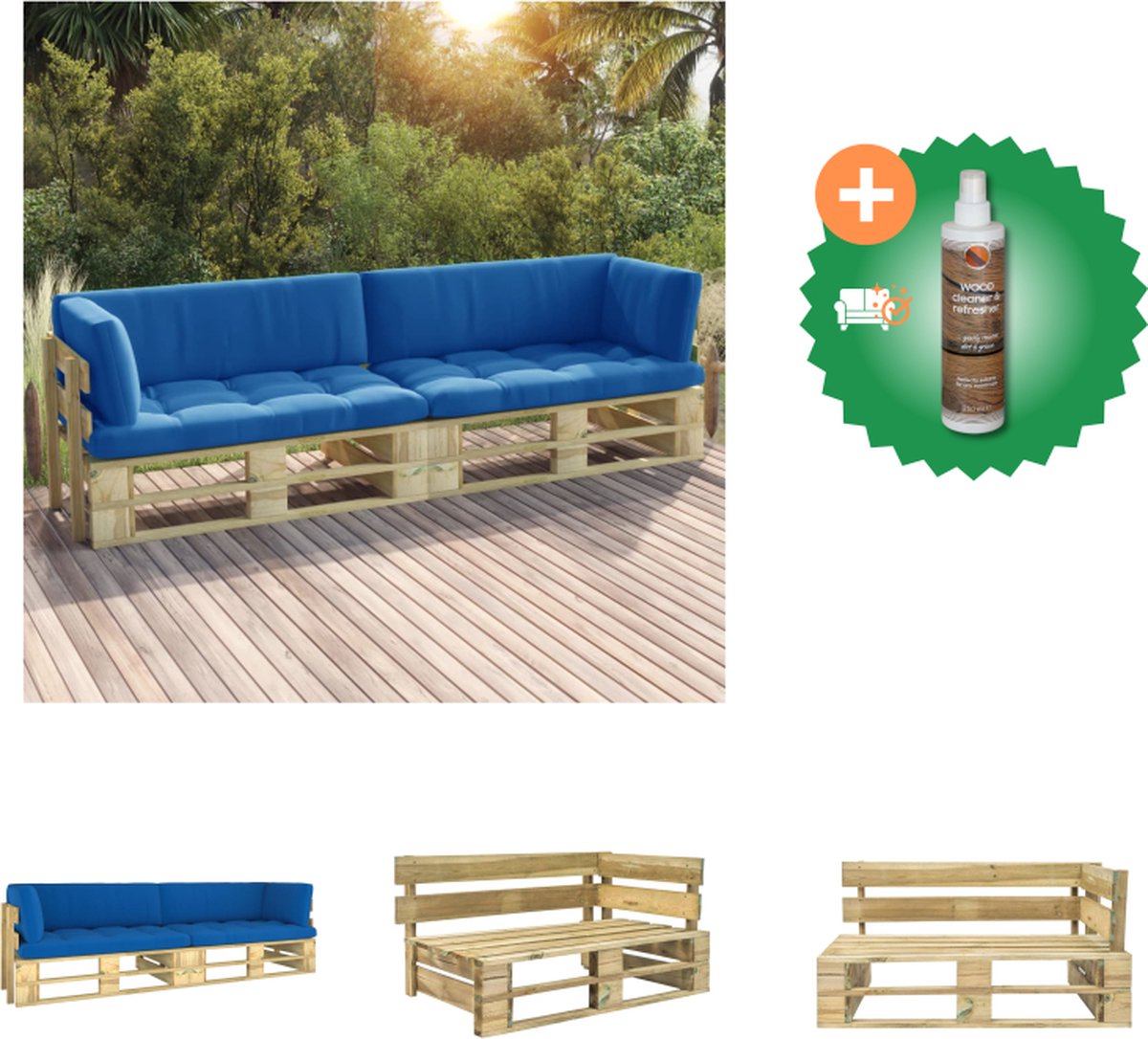 VidaXL Hoekbank Pallet 110 x 66 x 55 cm Grenenhout Koningsblauw kussen Tuinset Inclusief Houtreiniger en verfrisser