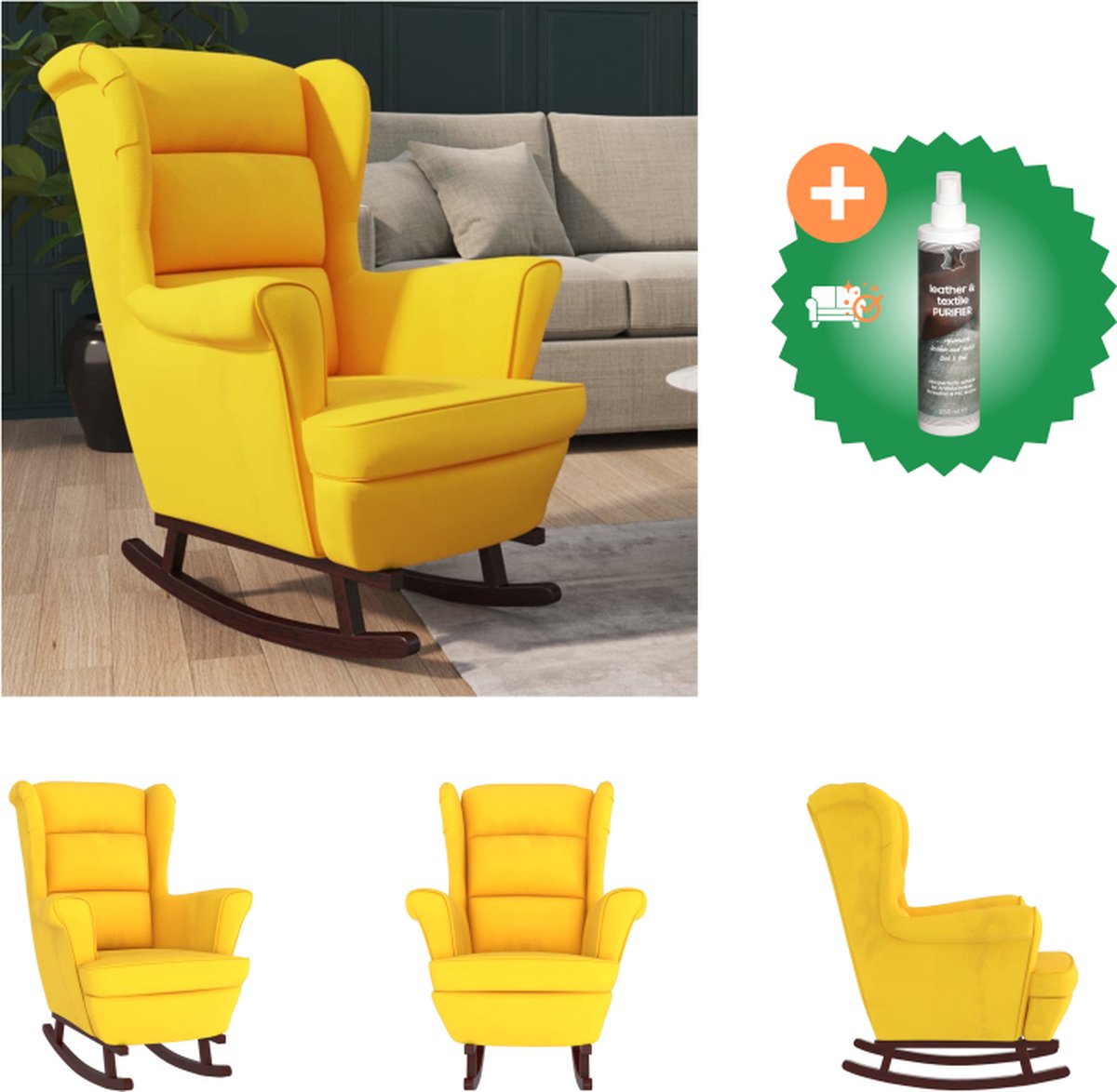 VidaXL Schommelstoel Fauteuil Geel Fluweel 78x93x97cm Massief rubberwood Montage vereist Schommelstoel Inclusief Reiniger