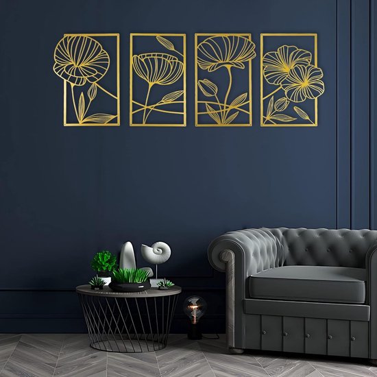 Decorset van 4 metalen lotusbloem wanddecoratie, abstracte bloemen esthetische kunst, minimalistische hangende muursculptuur voor woonkamer slaapkamer kantoor yogaruimte (goud)