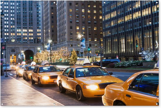 Muurdecoratie New York - Taxi - Nacht - 180x120 cm - Tuinposter - Tuindoek - Buitenposter