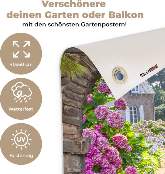 Affiche de jardin - Transparente - Hortensia - Fleurs - Maison - Jardin - 40x60 cm - Décoration de clôture - Toile de jardin