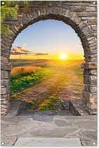 Tuinposter - Doorkijk - Platteland - Zonsondergang - Akker - Boeren - 80x120 cm - Schuttingposter - Tuinposter doorkijk - Tuindoek - Buitenposter