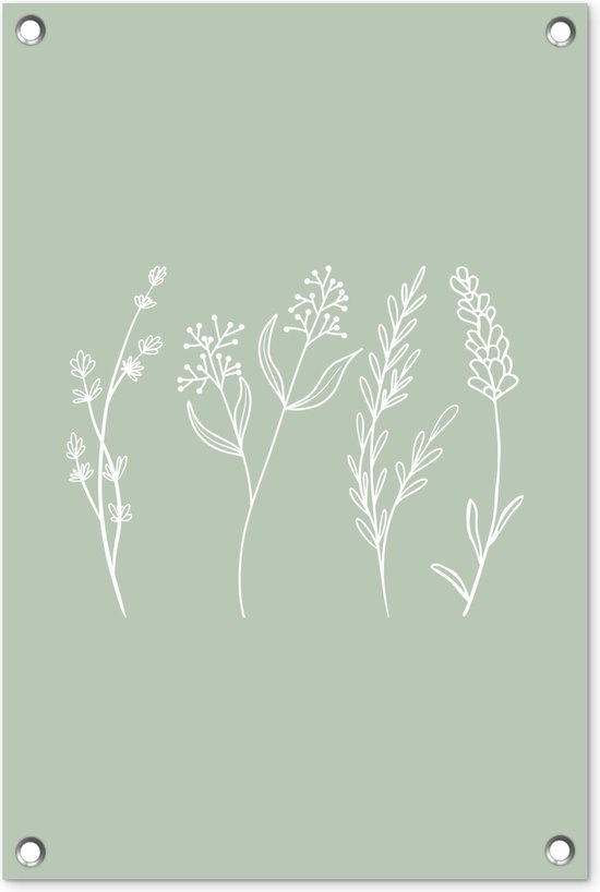 Tuinposter 40x60 cm - Tuindecoratie - Line Art - Bloemen - Natuur - Mintgroen - Muurdecoratie voor buiten - Schutting decoratie - Tuin accessoires - Tuindoek - Buitenposter