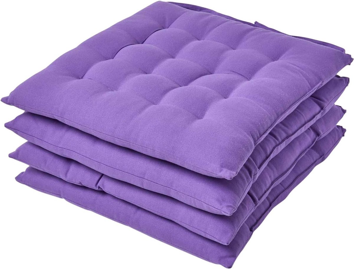 Set van 4 stoelkussens, 40 x 40 cm, lila, zitkussen met banden en knoopsluiting, eenkleurige kussens voor stoelen, met overtrek van 100% katoen en zachte polyestervulling, paars