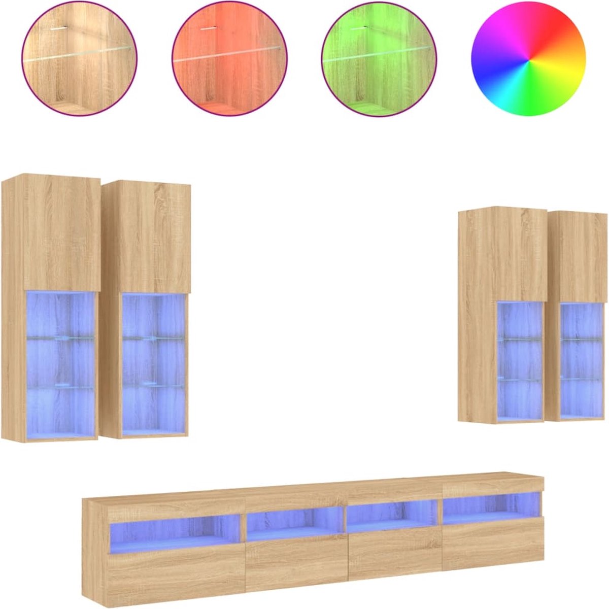 vidaXL - 7-delige - Tv-wandmeubelset - met - LED-verlichting - sonoma - eikenkleur