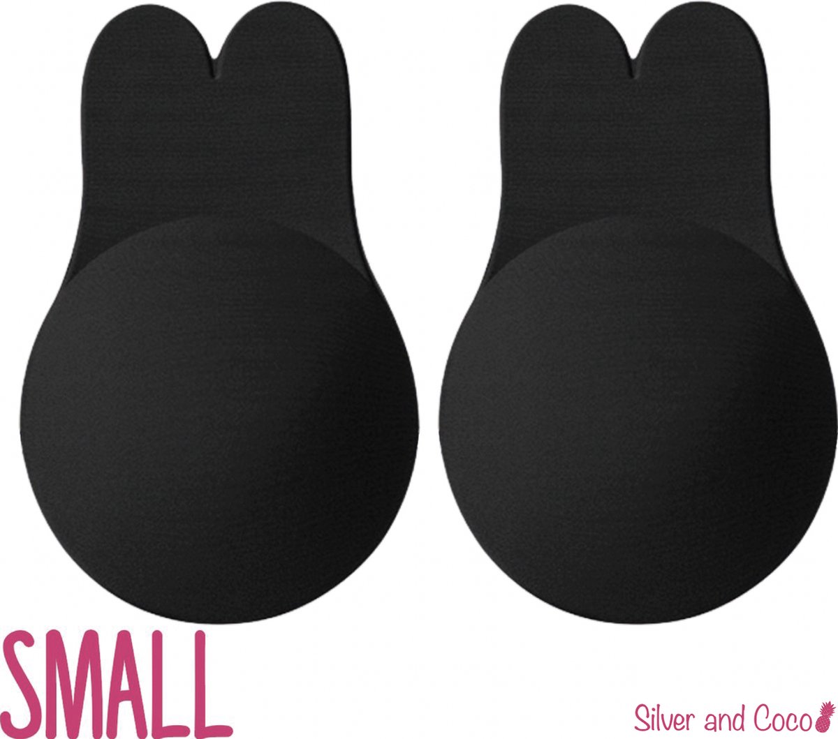 SilverAndCoco® - Push up Plak BH Bunny herbruikbaar / 2 stuks - 1 paar / Zelfklevende Invisible tepelplakkers / Onzichtbare Siliconen Tepel bedekkers Konijn BH Pads Silicone Nipple cover Strapless boob lift - Zwart - Maat Small