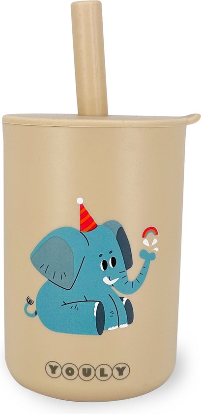 Youly® Rietjesbeker Olifant - Drinkbeker Kinderen - Kinderservies - Baby Cadeau - Siliconen Beker - Velige Drinkbeker - Crème- 160 ml