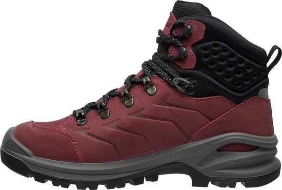Zij-aanzicht van een burgundy mid-top wandelschoen met zwarte veters en perforaties, Vibram zool.