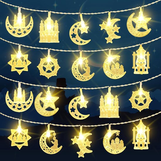 RAMADAN DECORATIE "Ramadan Lichtketting: Ster- en Maanlichtketting met 20 LED's, 3 meter, Batterijgevoed - Perfecte Decoratie voor Eid Mubarak en Ramadan"