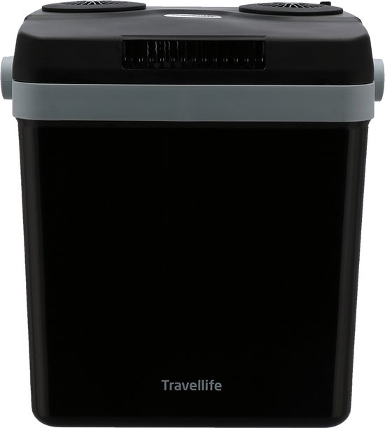 Vooraanzicht van een zwarte Travellife koelbox met ventilatierooster en 'Travellife' logo.