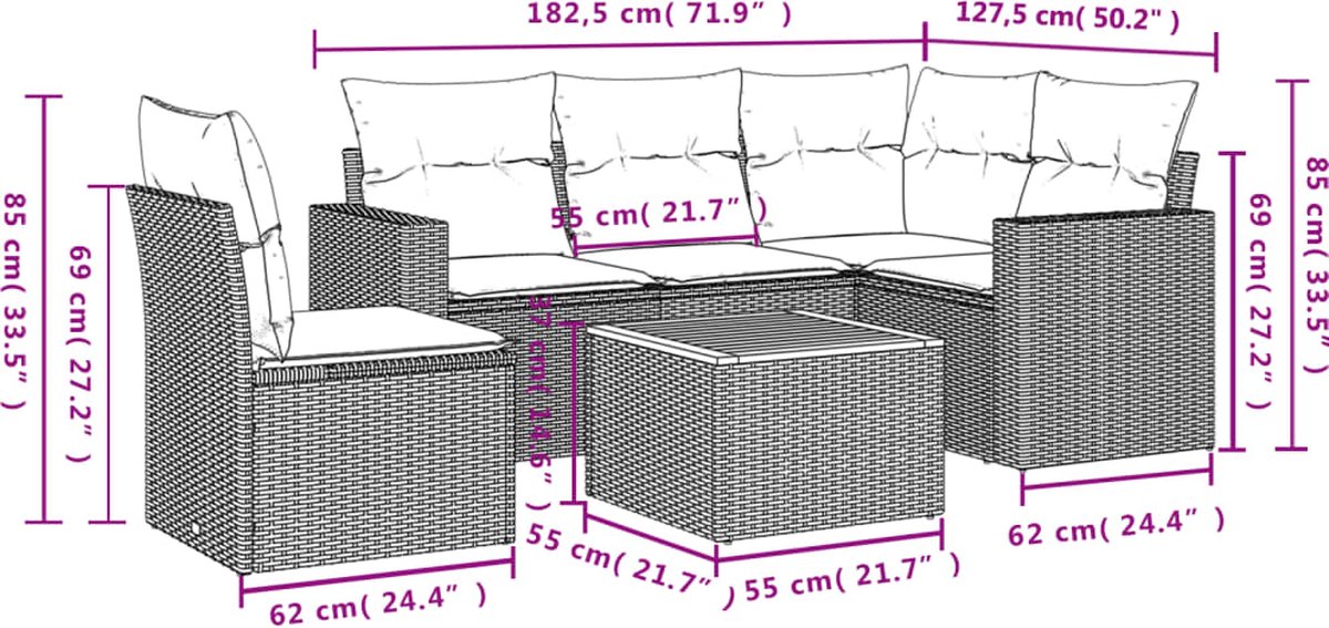 vidaXL - 6-delige - Loungeset - met - kussens - poly - rattan - zwart thumbnail 6