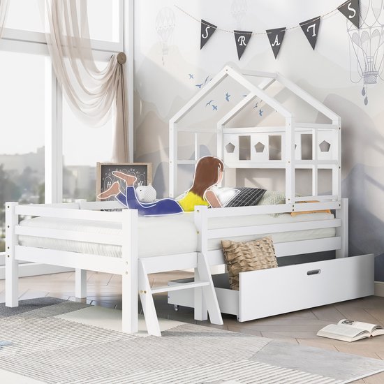 Sweiko House Bed Lit enfant avec échelle et tiroirs, avec sommier à lattes, lit mezzanine en bois massif avec protection antichute 90x200cm Wit(Sans matelas)