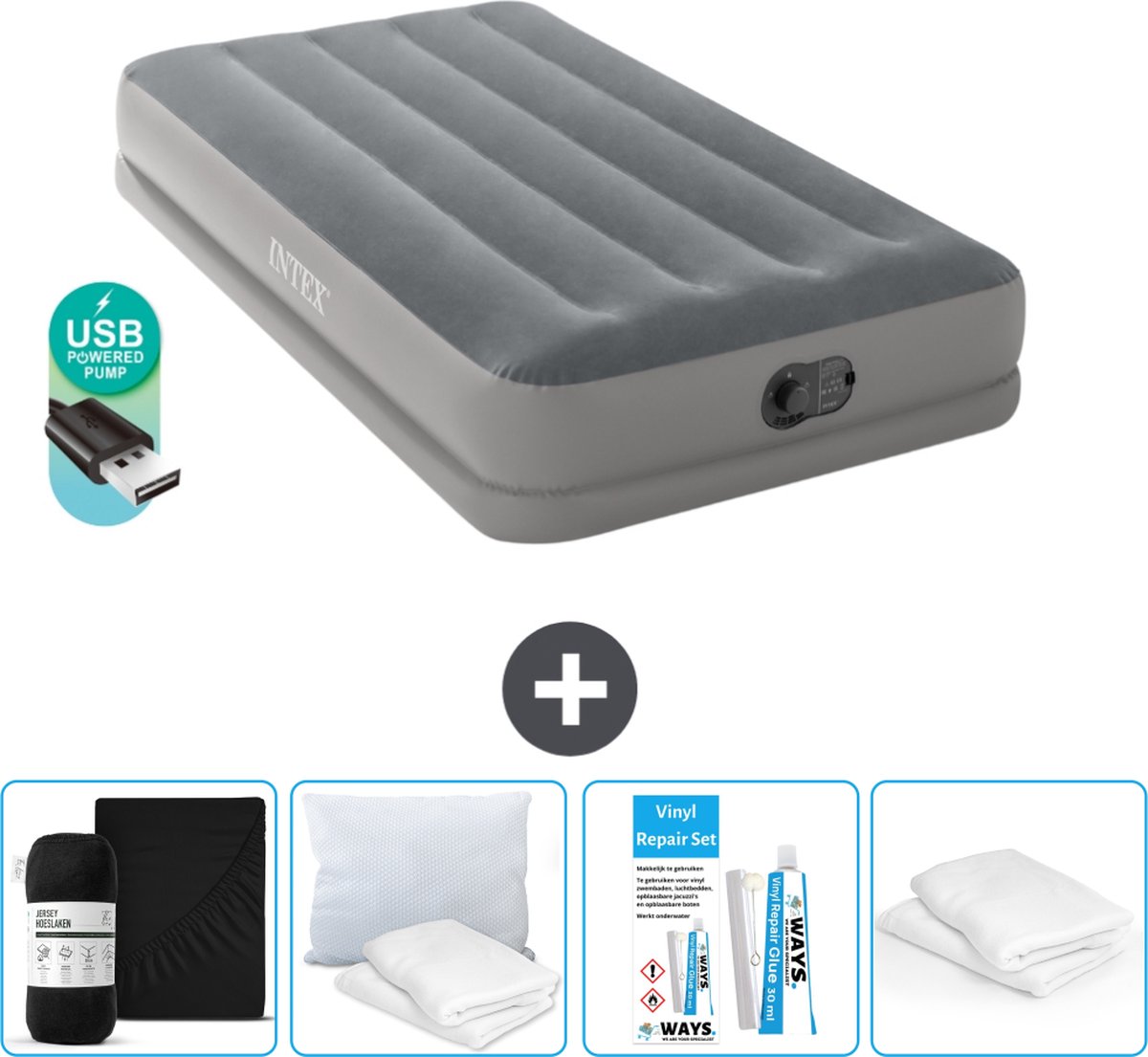 Intex Luchtbed - 1-Persoons - 99 x 191 x 30 cm - Grijs - Inclusief pomp - Accessoires CB17