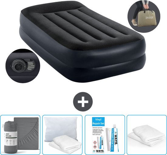 Matelas gonflable Intex - 1 Personne - 99 x 191 x 42 cm - Blauw - Pompe incluse - Hoeslaken -housse - Oreiller - Kit de réparation et Protège-oreiller