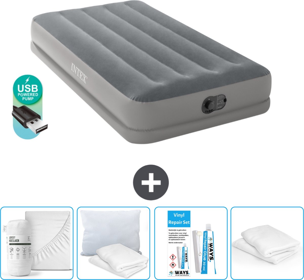 Intex Luchtbed - 1-Persoons - 99 x 191 x 30 cm - Grijs - Inclusief pomp - Accessoires CB15