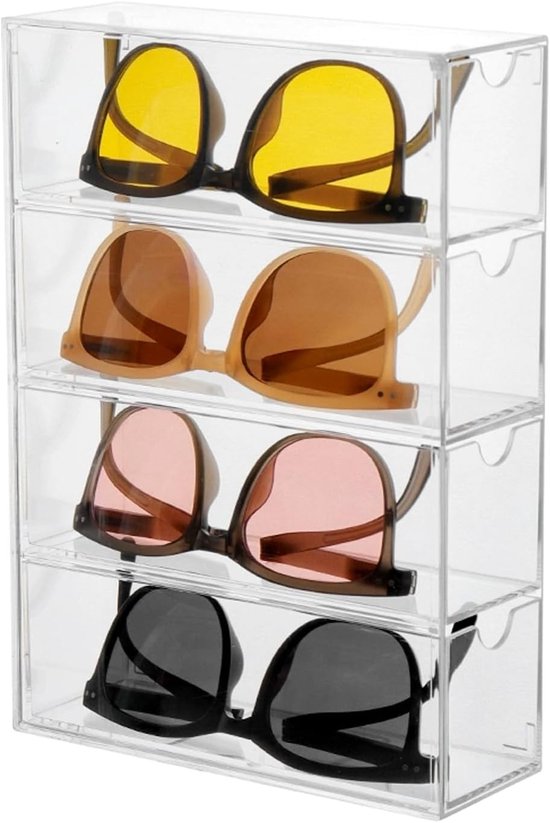 Opbergdoos met 4 laden, acryl helderheid, zonnebril, brillenorganizer, verdikte brillenbox, sieradendoos, brillenstandaard voor horloges, kettingen, brillen, cosmetica, leesbrillen