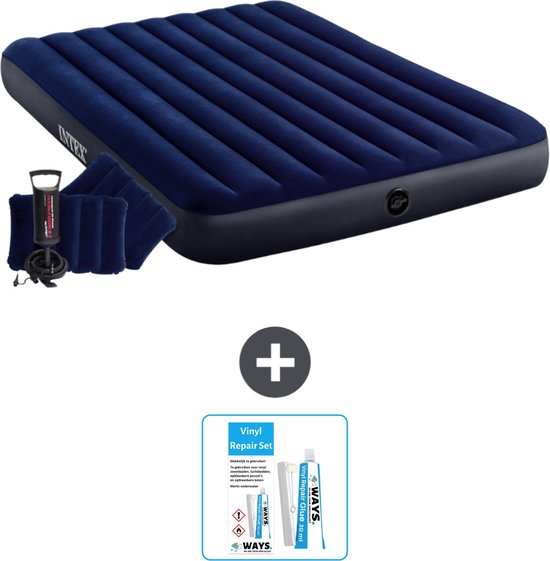 Foto: Intex luchtbed 2 persoons 152 x 203 x 25 cm blauw inclusief handpomp kussens reparatieset