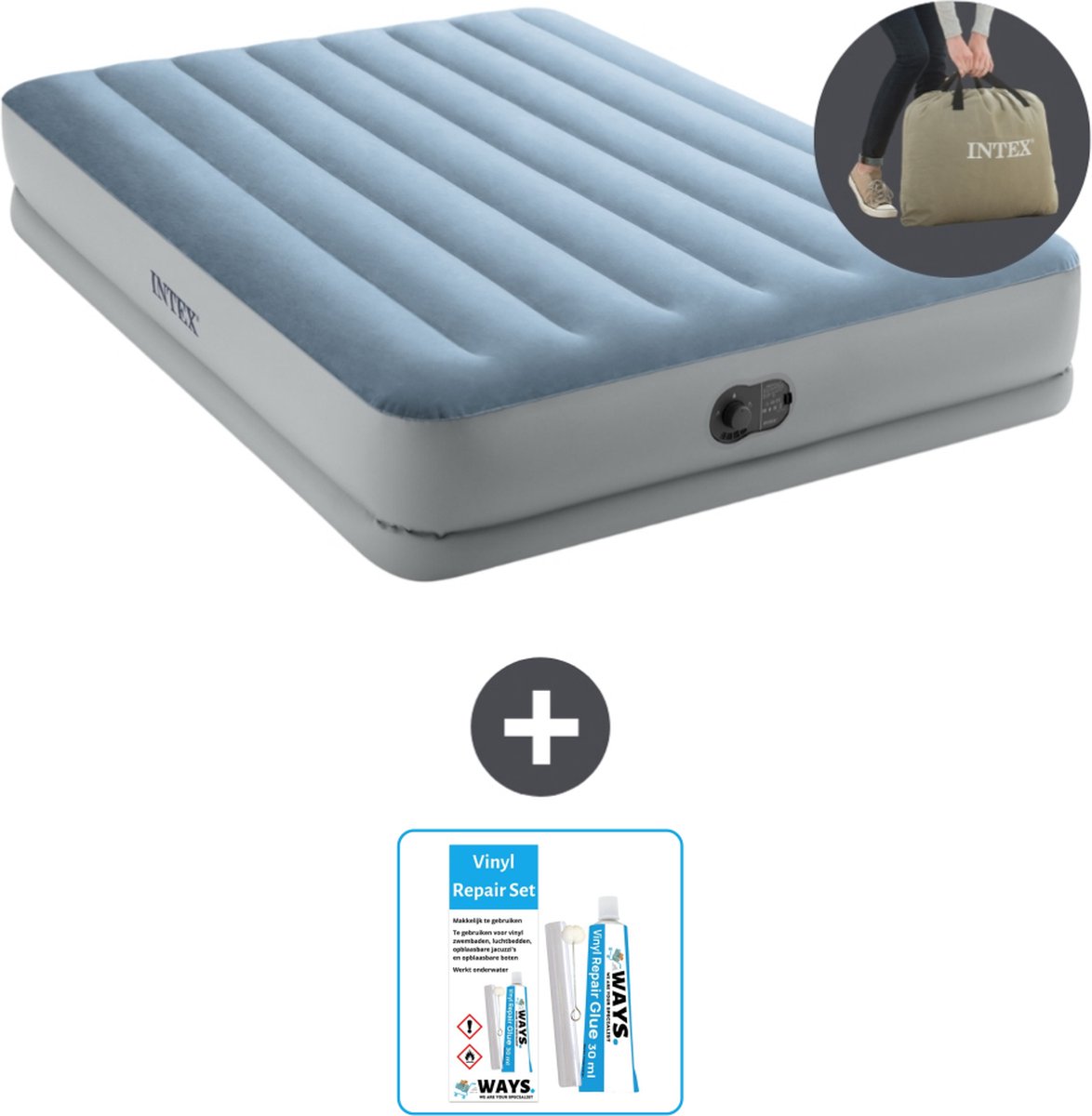 Intex Luchtbed - 2-Persoons - 152 x 203 x 36 cm - Blauw/Grijs - Inclusief pomp - Reparatieset