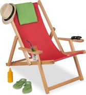 Relaxdays ligstoel hout - strandstoel - armleuning - klapstoel - tuinstoel tot 100kg -rood