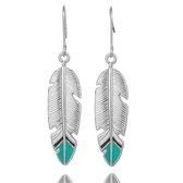 Lange zilverkleurige oorbellen veer met turquoise en zwarte details