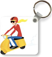 Sleutelhanger - Illustratie van een meisje op een gele Vespa - Plastic - Rond - Uitdeelcadeautjes