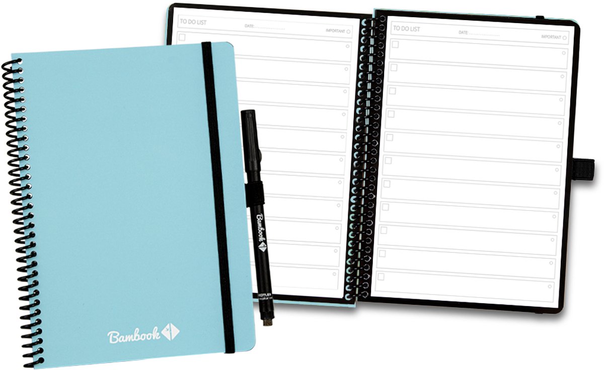 Bambook Colourful uitwisbaar notitieboek - Blauw - Softcover - A5 - To-do-lijsten - Duurzaam, herbruikbaar whiteboard schrift - Met 1 gratis stift