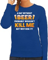Apres ski sweater A day without beer blauw  dames - Wintersport trui - Foute apres ski outfit/ kleding S