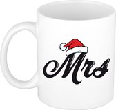 Witte Mrs met kerstmuts cadeau mok / beker - 300 ml - keramiek - koffiemokken / theebekers - Kerstmis - kerstcadeau