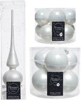 Compleet glazen kerstballen pakket winter wit glans/mat 32x stuks met piek mat - 20x 6 cm - 12x 8 cm