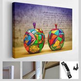 Twee decoratieve appels, gemaakt van hout en met de hand beschilderd. Handgemaakt. Moderne kunst uit één stuk - Modern Art Canvas - Horizontaal - 268700441