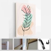 Minimalistische aquarel schilderij artwork. Earth Tone Boho gebladerte lijntekeningen met abstracte vorm - moderne kunst canvas - verticaal - 1937930008