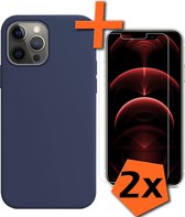 iPhone 13 Pro Max Hoesje Siliconen Case Met 2x Screenprotector Met Dichte Notch - iPhone 13 Pro Max Hoes Siliconen Cover Met 2x Beschermglas - Donkerblauw