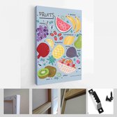 Voedsel, groenten en fruit. Vectorillustraties: gerechten, kiwi, broccoli, pompoen, aubergine, avocado, peer, tomaat, theepot, stilleven op tafel, enz. - Modern Art Canvas - Vertic
