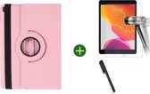 Hoes geschikt voor iPad 2021/2020/2019 (10.2 inch) draaibaar + screenprotector - tempered glass + stylus pen - Licht Roze