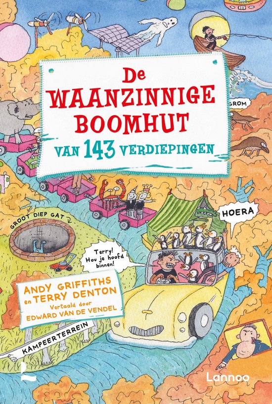 Boekcover met de titel "De waanzinnige boomhut van 143 verdiepingen" en illustraties van personages, dieren en voertuigen.