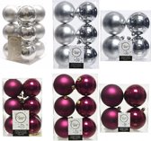 Kerstversiering kunststof kerstballen kleuren mix framboos roze/zilver 6-8-10 cm pakket van 44x stuks