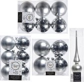 Kerstversiering kunststof kerstballen met glazen piek zilver 6-8-10 cm pakket van 45x stuks - Kerstboomversiering