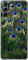 Geschikt voor Samsung Galaxy S21 hoesje - Close-up van veren van een pauw - Siliconen Telefoonhoesje