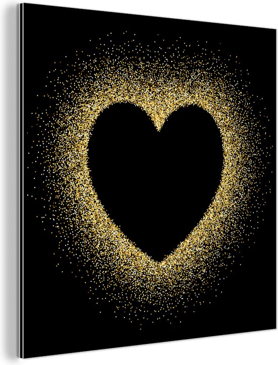 Wanddecoratie Metaal - Aluminium Schilderij Industrieel - Gouden hart op een zwarte achtergrond - 50x50 cm - Dibond - Foto op aluminium - Industriële muurdecoratie - Voor de woonkamer/slaapkamer
