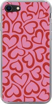 Geschikt voor iPhone 8 hoesje - Een illustratie van behang met rode hartjes - Siliconen Telefoonhoesje
