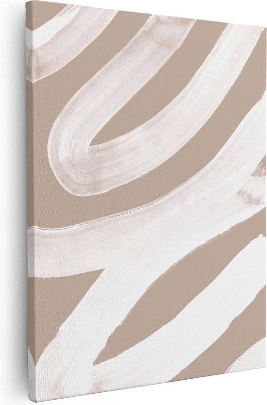 Artaza Canvas Schilderij Abstracte Kunst - Witte Strepen op Beige - Foto Op Canvas - Canvas Print