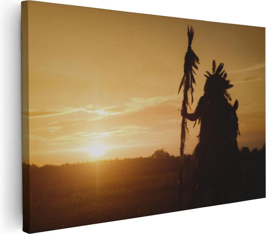 Artaza - Peinture sur toile - Indien avec une lance au coucher du soleil - 120 x 80 - Groot - Photo sur toile - Impression sur toile