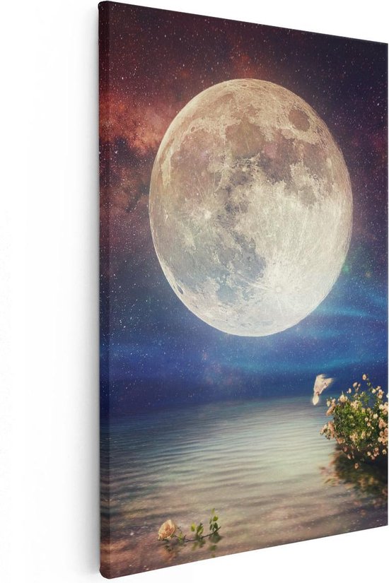 Artaza Canvas Schilderij Volle Maan in de Hemel boven het Water - 20x30 - Klein - Foto Op Canvas - Canvas Print