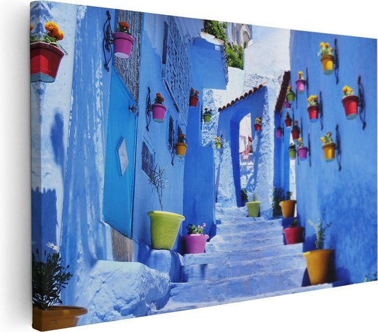 Artaza Canvas Schilderij Marokko - 60x40 cm - Wanddecoratie Straatje - Muurdecoratie Chefchaouen - Schilderijen Op Canvas