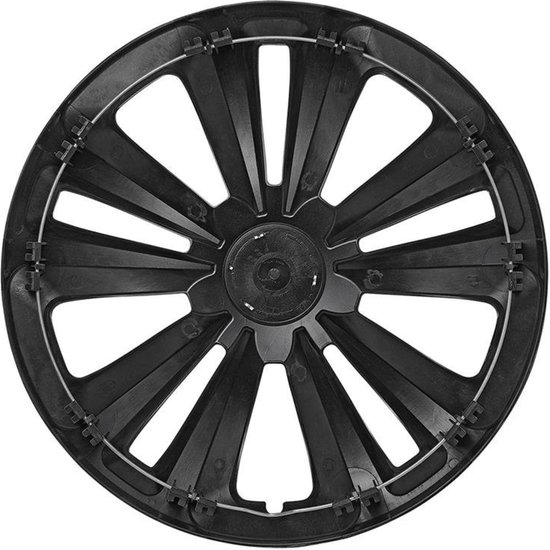 Zwarte wieldop met 12 open spaken en een metalen ring, 13 inch.