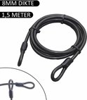 Zwarte Stahlex staalkabel, 8 mm dik, 1,5 meter lang, met lussen.