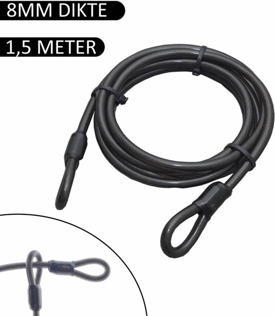 Zwarte Stahlex staalkabel, 8 mm dik, 1,5 meter lang, met lussen.